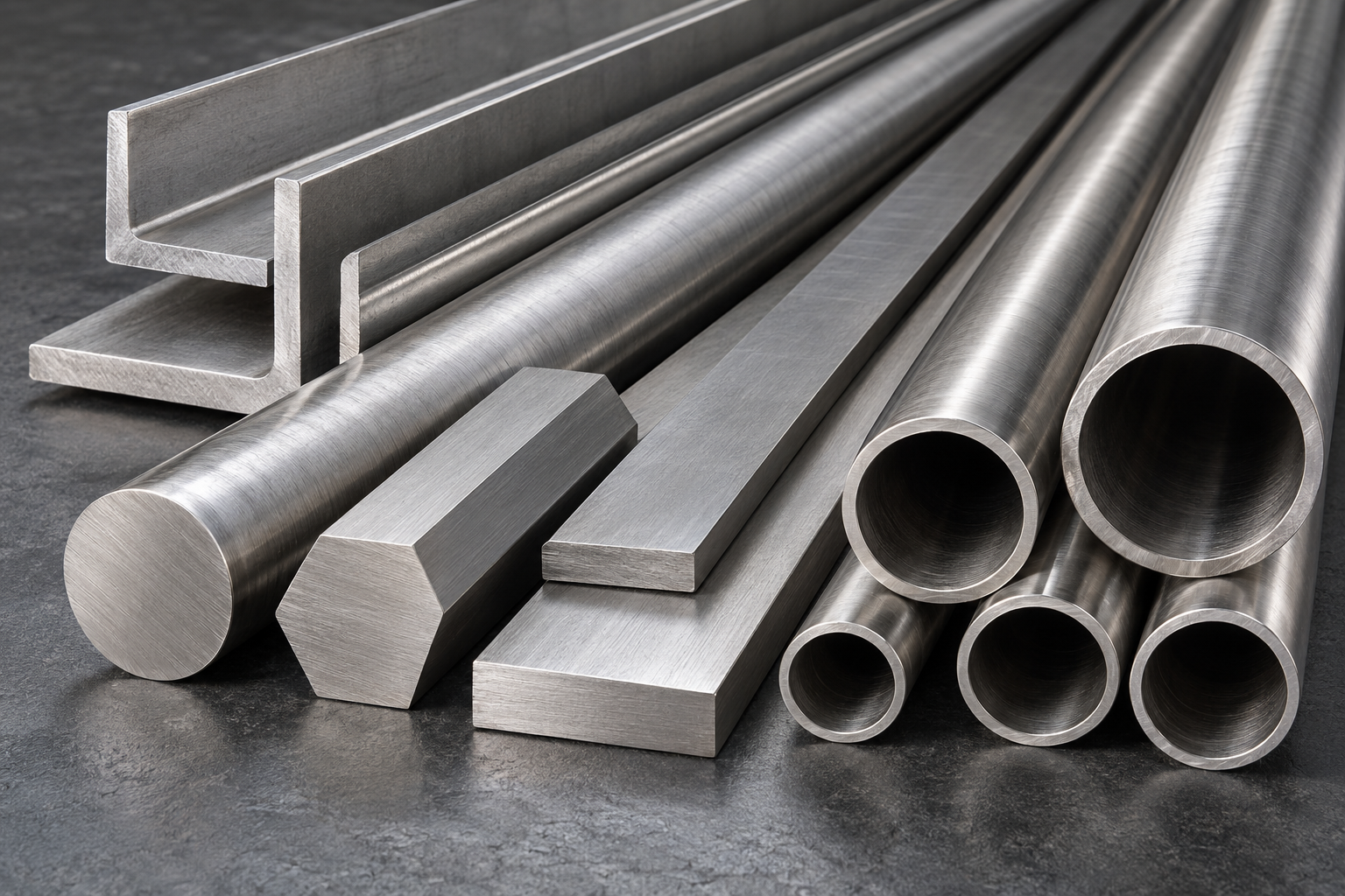 Close-up of stainless steel bars, rods, angle sections and pipes